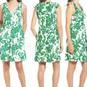 Eliza J A Line Botanical Floral Linen Casual Dress Green and White 4